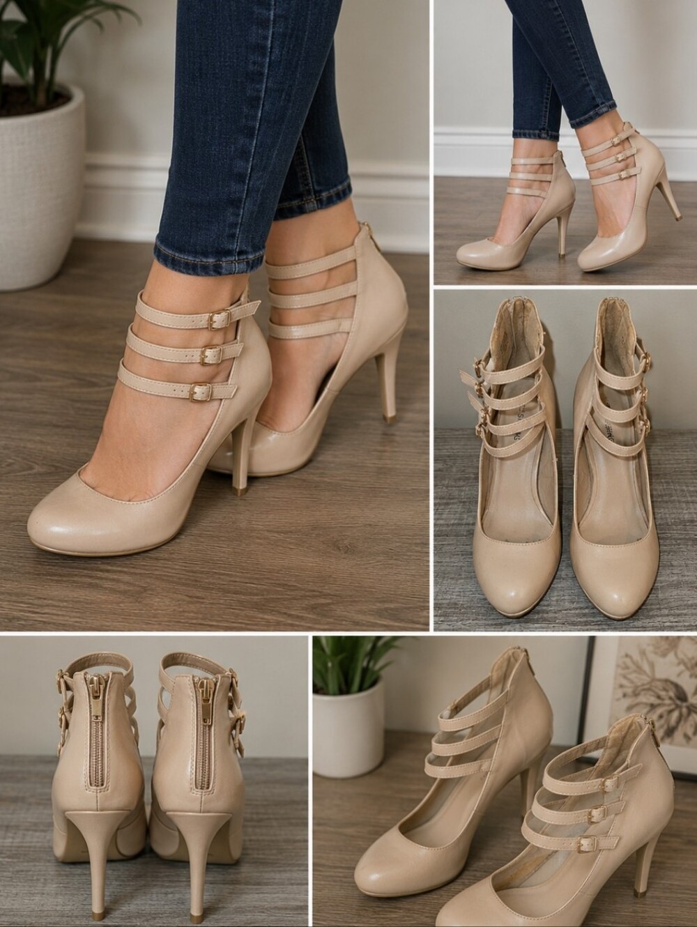 Call It Spring beige vegan leather high heels feature wrap-around